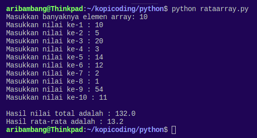 Gambar Hasil Program Menghitung Nilai Rata-rata Dengan Array Python