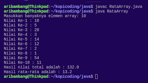 Gambar Hasil Program Menghitung Nilai Rata-rata Dengan Array Bahasa Java